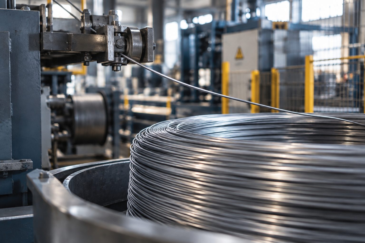 Stahldraht läuft aus der Ziehmaschine auf den Wickel